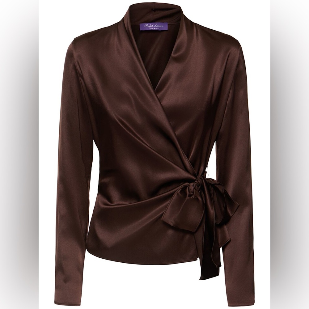RALPH LAUREN COLLECTION SHEA BROWN SILK WRAP BLOUSE TOP